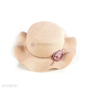 Contracted Design Childrens Flower Decoration Sunhats Floppy Wave Straw Hat