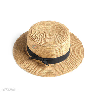 Factory Sell Woman Flat Top Straw Beach Hat Hat With Bow Decoration