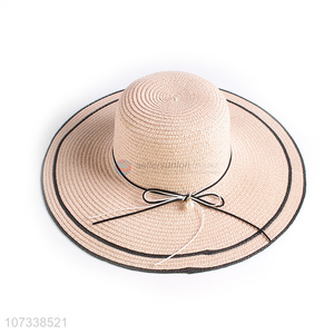 Promotional Lady Decorate Bow Summer Sunshade Floppy Wide Brim Straw Hat