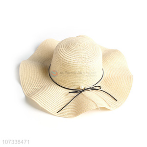 Contracted Design Paper Straw Hat Bow Sunhats Floppy Wave Straw Hat