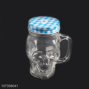 Latest style skull shape glass juice cup with straw & lid