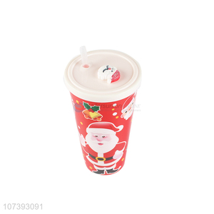 Unique Design Santa Pattern Christmas Plastic Water Cup With Straw