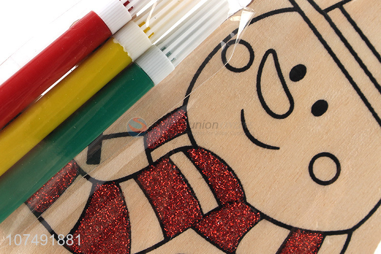 Factory Sell Snowman Pattern With 3Pcs Water Color Pen Wood Diy Toy For Kids