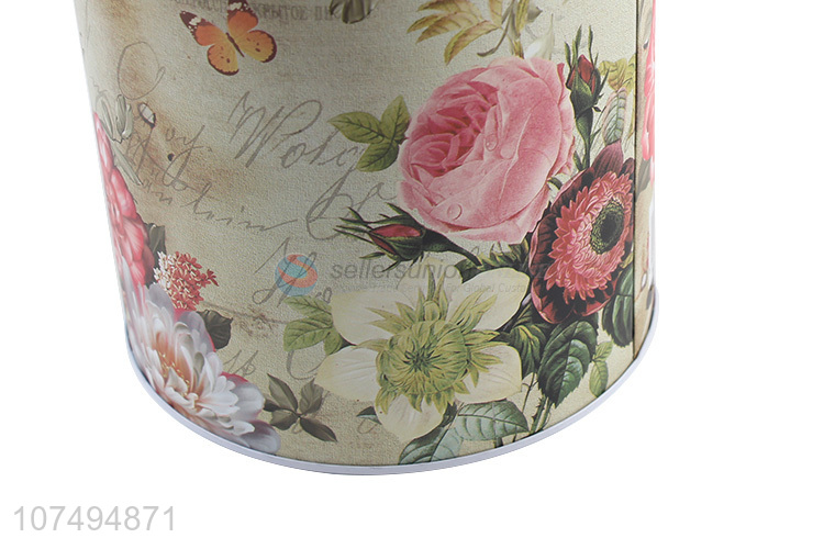 Low price flower printed round metal money box tin coin bank