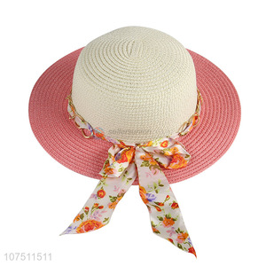 Wholesale fashion women summer ribbon straw hats sun hat