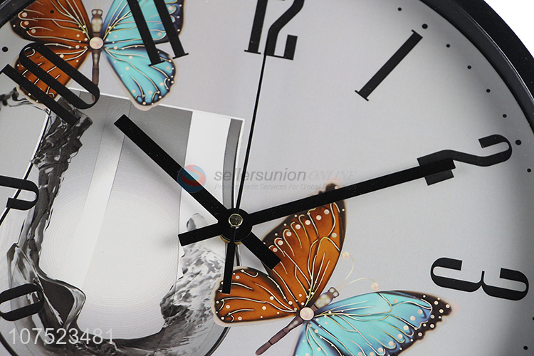 Hot sale butterfly & cup printed wall clock classroom living room plastic quartz clock