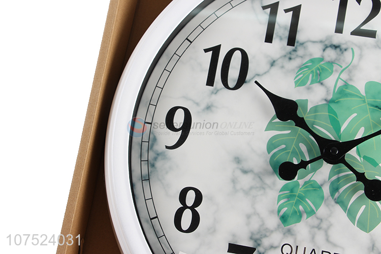 Creative design green plant leaf printed wall clock living room silent clock