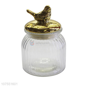 New Style Clear Glass Storage Jar With Gold Ceramic Bird Lid