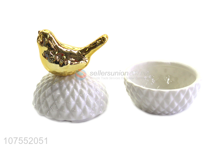 Unique Design Ceramic Storage Jar With Gold Bird Ceramic Lid