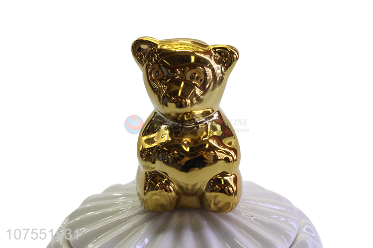 Hot Selling White Ceramic Storage Jar With Gold Bear Decoration Lid