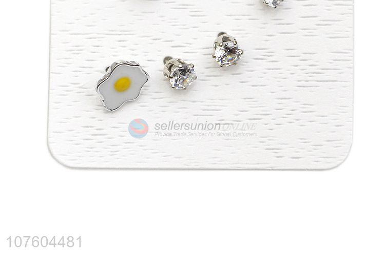 Good quality creative poached egg ear stud set rhinestone ear stud set