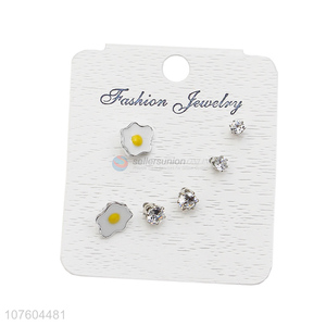 Good quality creative poached egg ear stud set rhinestone ear stud set