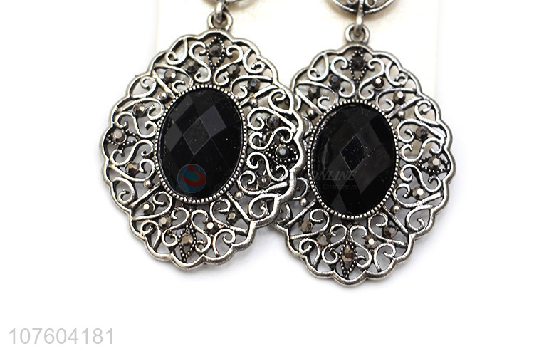 Hot selling blakc rhinestone antique silver filigreed alloy earrings