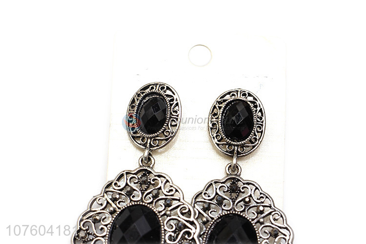 Hot selling blakc rhinestone antique silver filigreed alloy earrings