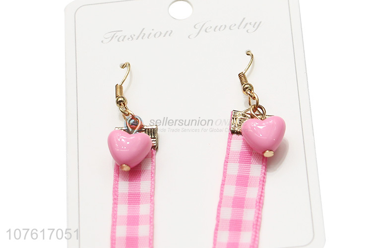 Hot Sale Pink Heart With Cloth Strap Hook Earrings