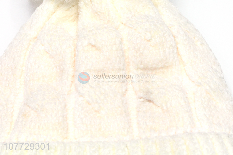 Fashion winter chenille knitting hat women fleecy beanie hat with pompom