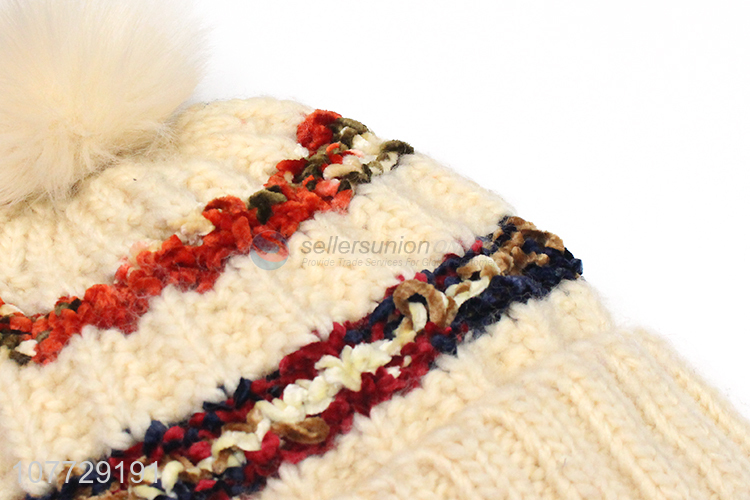 Best selling women fleece lining hat outdoor kitted beanie hat with pomppom