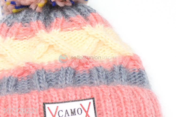 Top seller women winter hat ladies fleecy knitting beanie hat with pompom