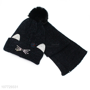 Most popular rhinestone knitted beanie hat and neck warmer set for women and girls