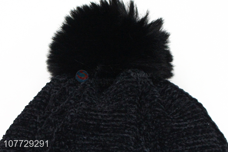 Recent product women winter knitting hat fleece lined beanie cap with pompom