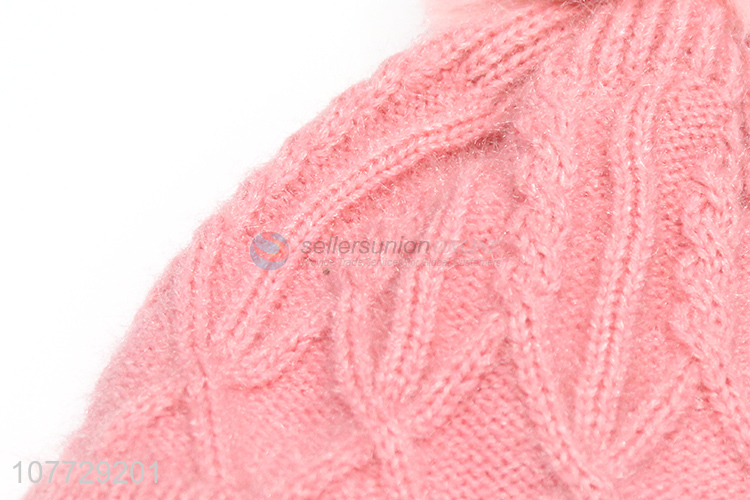 Wholesale autumn winter ladies hat knitted cap pompom hat with fleece lining