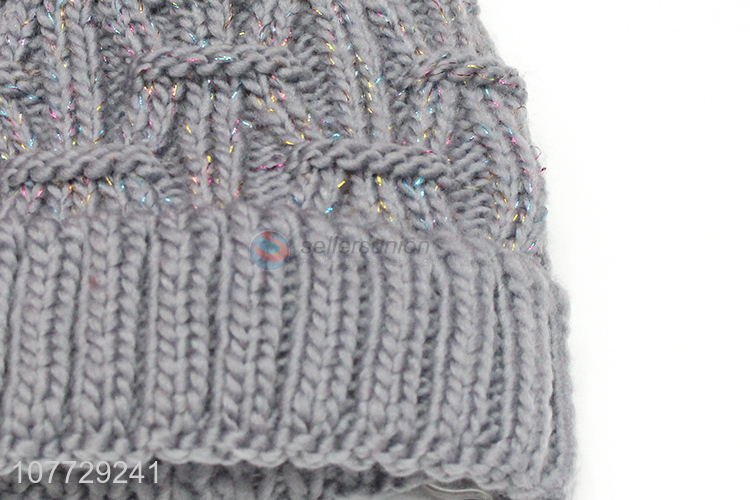 Hot products ladies winter knitting hat outdoor fleece lined hat with pompom
