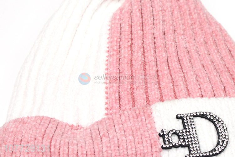 Hot sale women fleece lining hat letter rhinestone beanie hat with pomppom