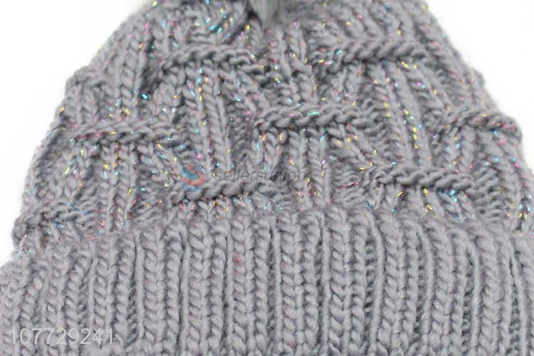 Hot products ladies winter knitting hat outdoor fleece lined hat with pompom