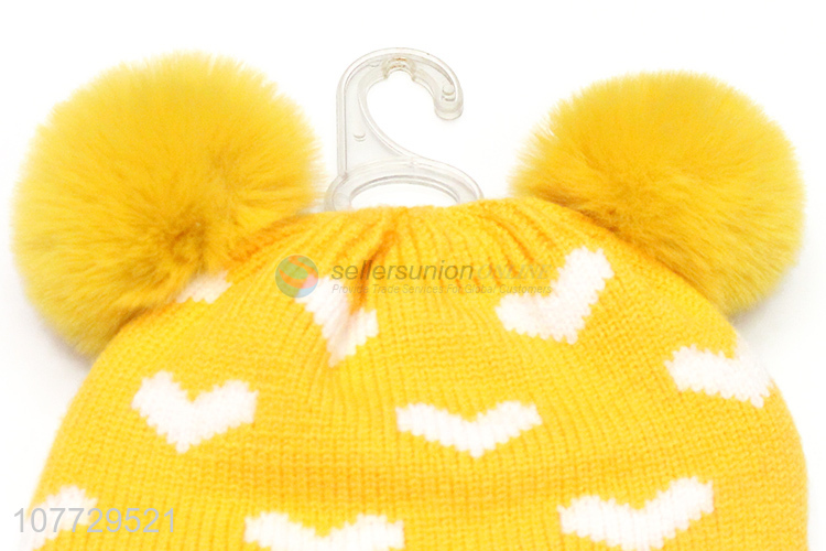 Unique design children winter pompom beanie jacquard knitting cap