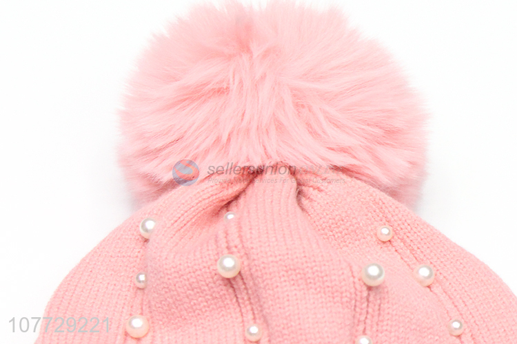 Factory price women winter fleece lined knitting hat pompom hat with pearls