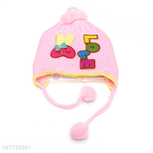 Good sale children winter acrylic knitting pompom beanie hat with earmuffs