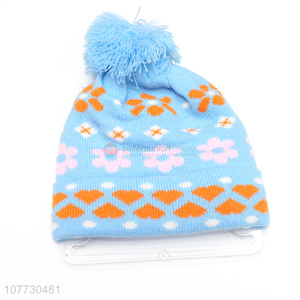 Factory price children beanies kids winter jacquard hat with pompom