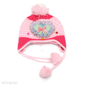 Hot sale kids winter acrylic knitted earmuff beanie hat with pompom