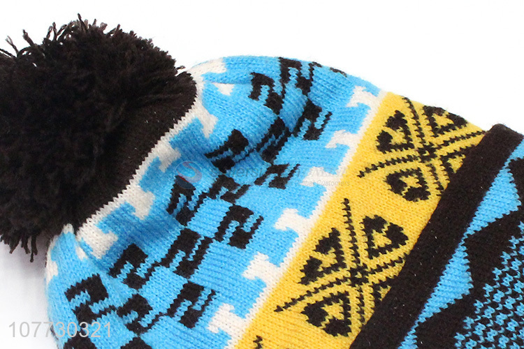 New design kids winter jacquard beanie knitted hat with pompom