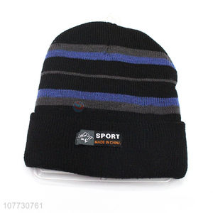 New products men winter striped knitted hat fleece lined beanie cap