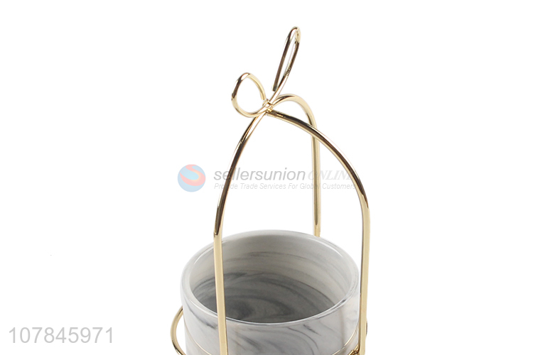 Wholesale marble ceramic desktop pot flower planter pot with iron frame