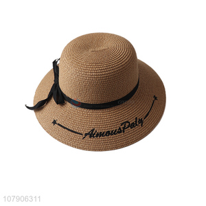 Wholesale summer women embroidery straw hat wide brim beach panama hat
