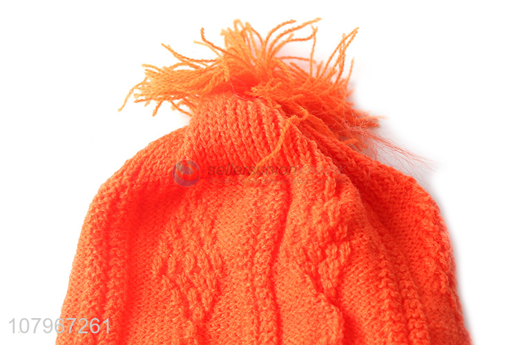 Good quality baby winter thermal knitted earflap hat with pom pom
