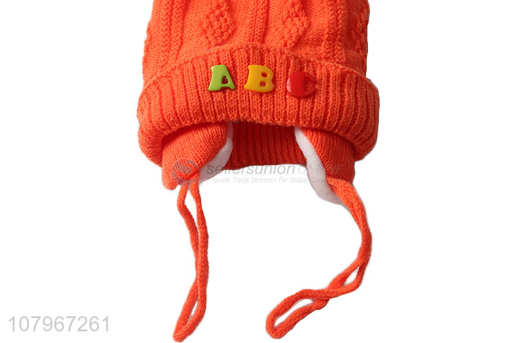 Good quality baby winter thermal knitted earflap hat with pom pom
