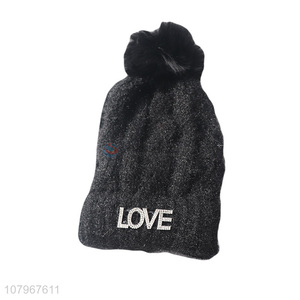 Yiwu market ladies autumn winter thickened knitted beanie with rhinestone