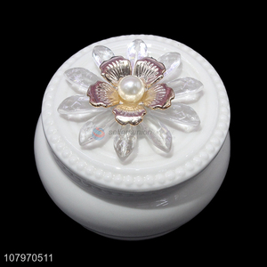 Factory direct sale round ceramic jewelry box case with flower lid
