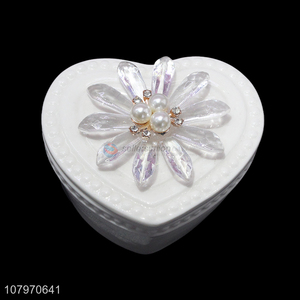 Low price heart shaped ceramic jewelry box case with flower lid
