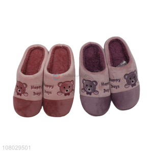 Factory price cute bear embroidery winter slipper short plush women slippers
