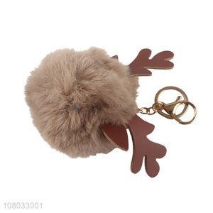 Yiwu wholesale khaki deer horn hair ball keychain pendant