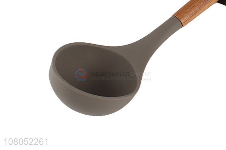 Hot selling nylon cookware heat resistant silicone soup ladle with wooden handle