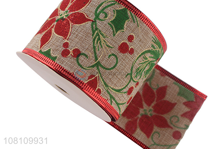 Hot selling printed polyester ribbon Christmas wired ribbon