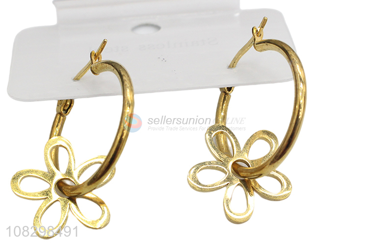 China supplier chic stainless steel flower charm hoop earrings