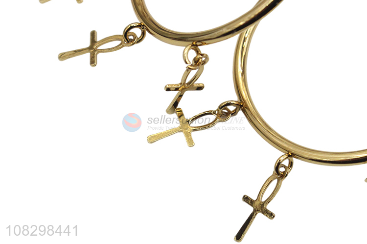 Good quality trendy stainless steel cross pendant hoop earrings