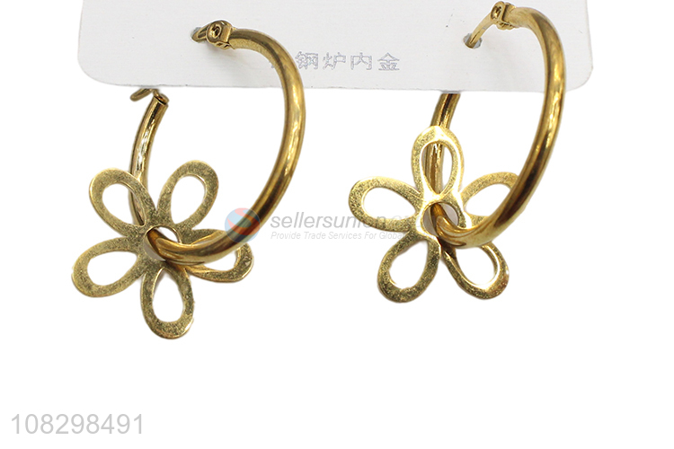 China supplier chic stainless steel flower charm hoop earrings