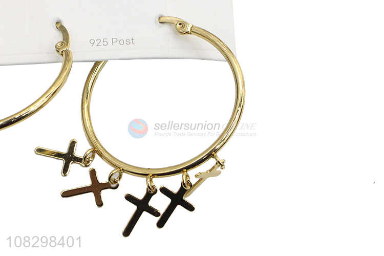 China factory trendy stainless steel cross pendant hoop earrings